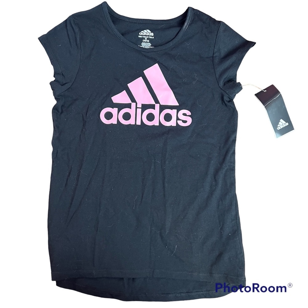 Adidas Girl's Black and Pink Graphic T-Shirt, size Medium NWT